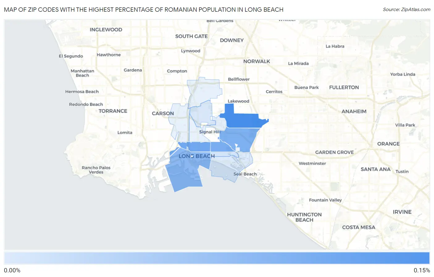 Zip Codes with the Highest Percentage of Romanian Population in Long Beach Map