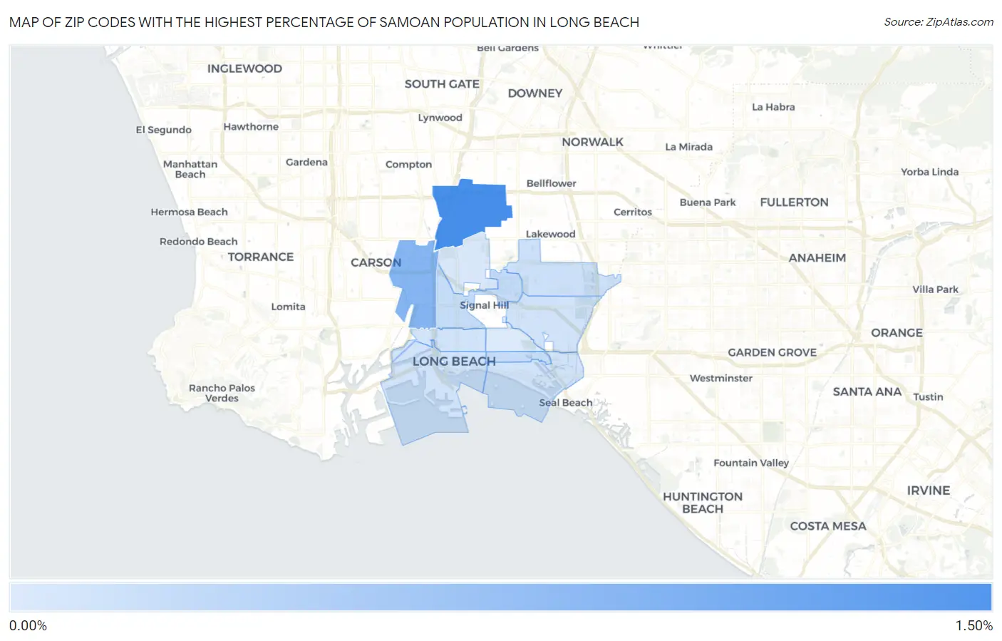 Zip Codes with the Highest Percentage of Samoan Population in Long Beach Map