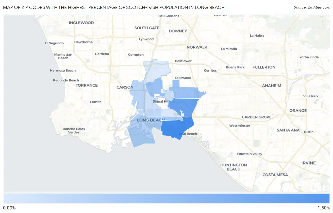 Zip Codes with the Highest Percentage of Scotch-Irish Population in Long Beach Map