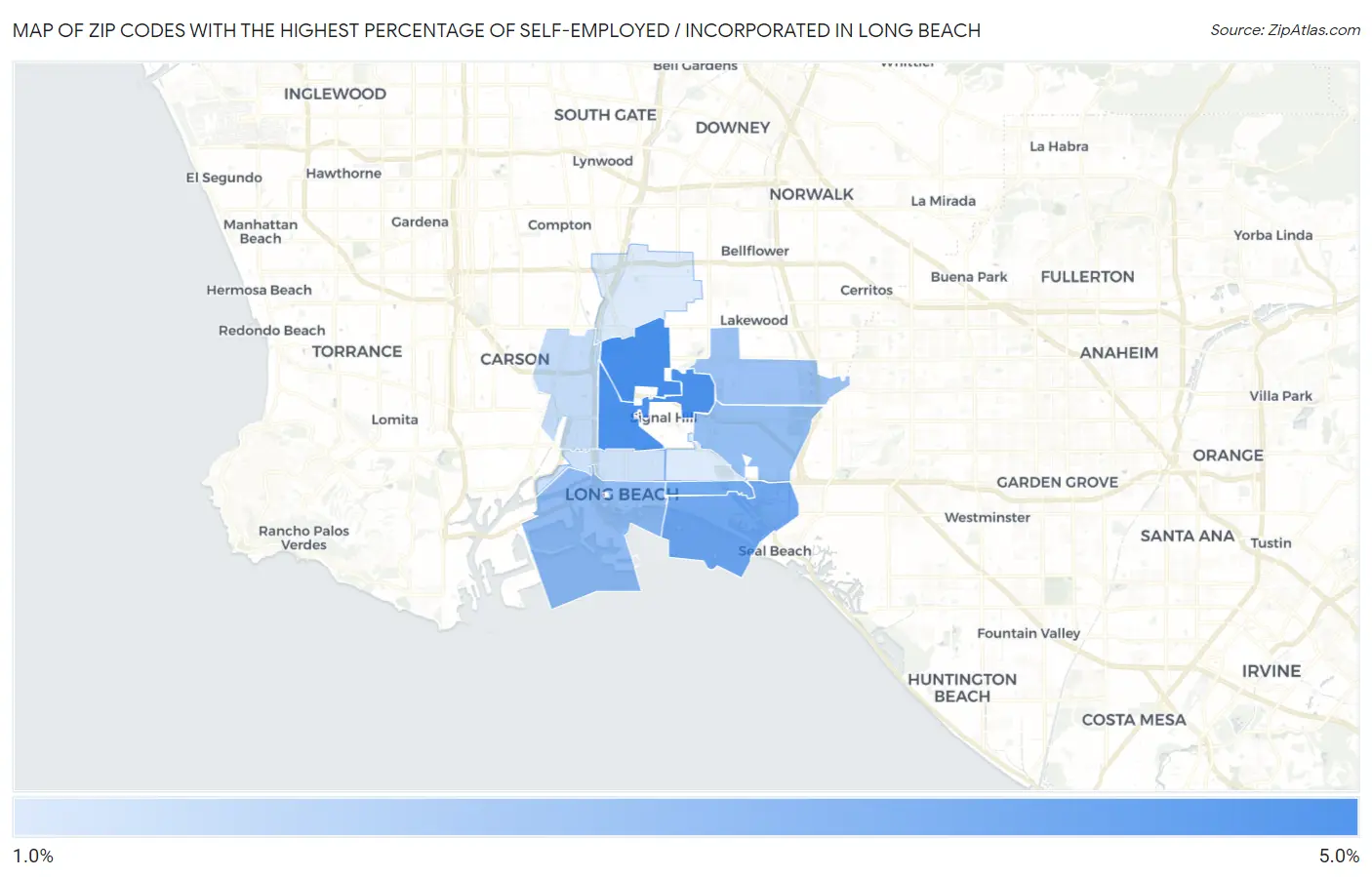 Zip Codes with the Highest Percentage of Self-Employed / Incorporated in Long Beach Map