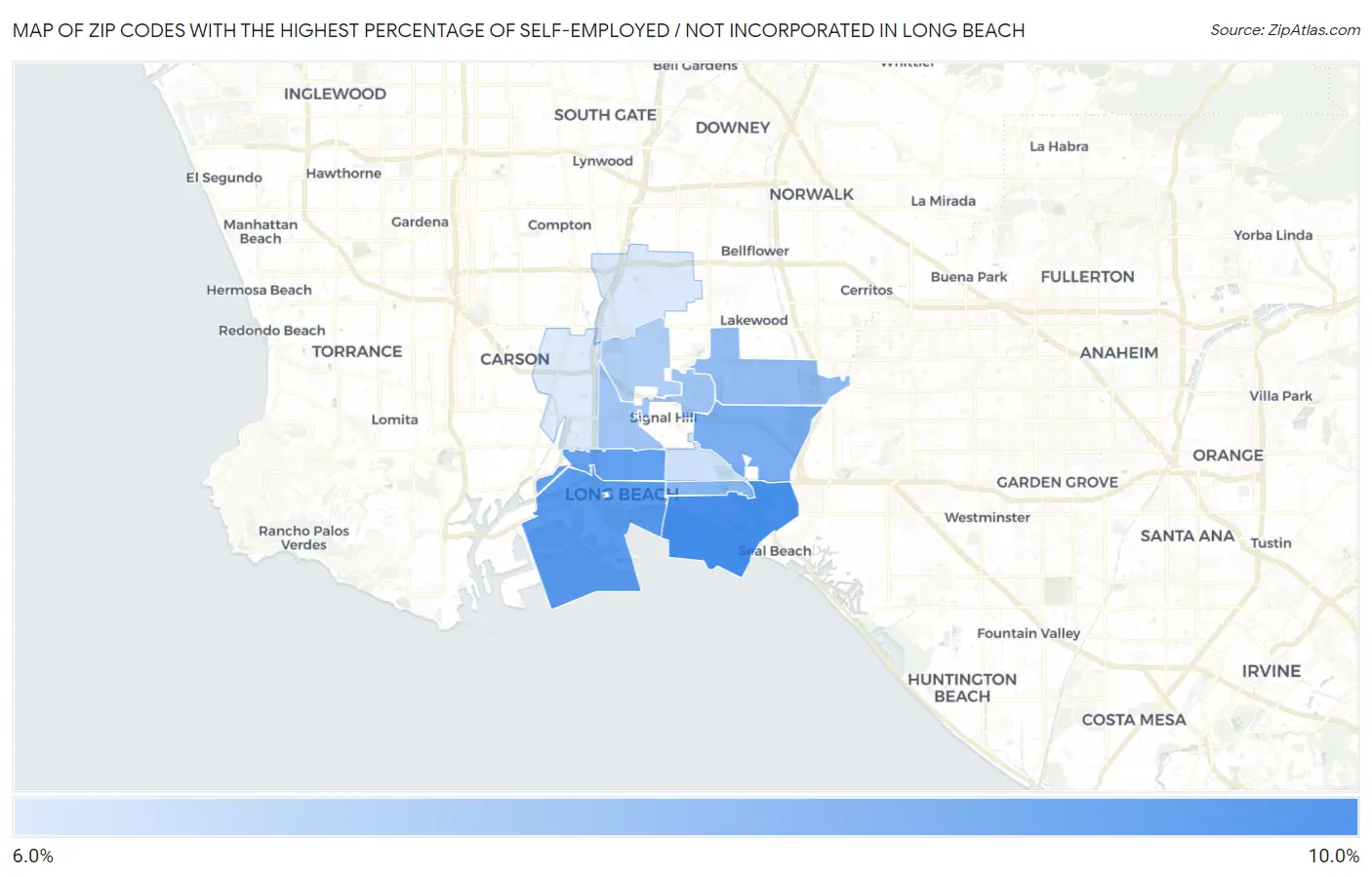 Zip Codes with the Highest Percentage of Self-Employed / Not Incorporated in Long Beach Map