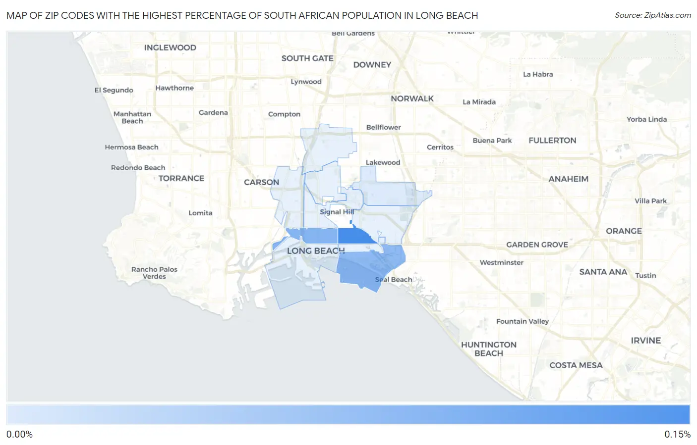Zip Codes with the Highest Percentage of South African Population in Long Beach Map