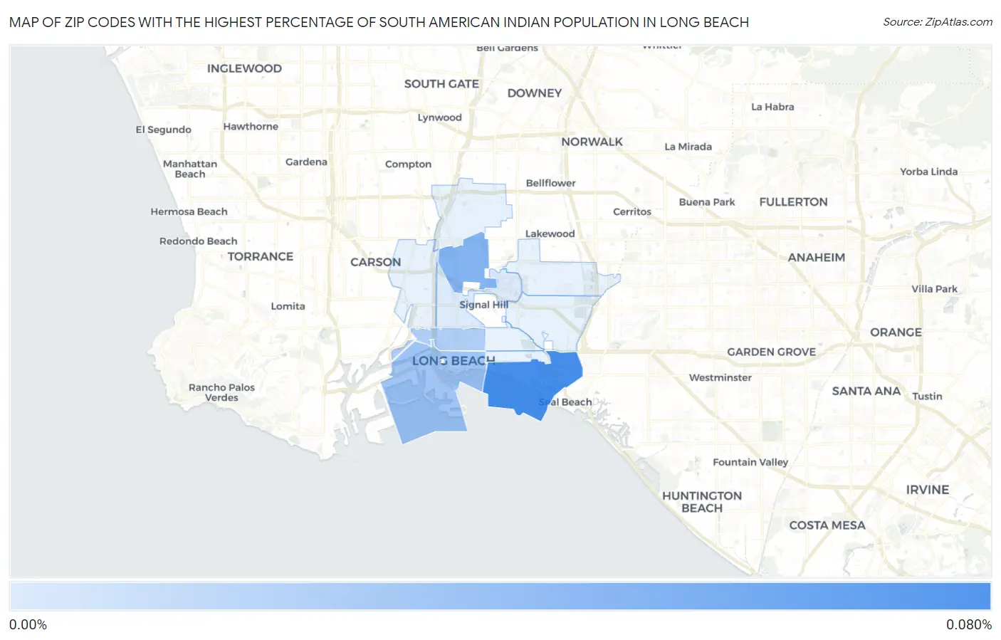 Zip Codes with the Highest Percentage of South American Indian Population in Long Beach Map