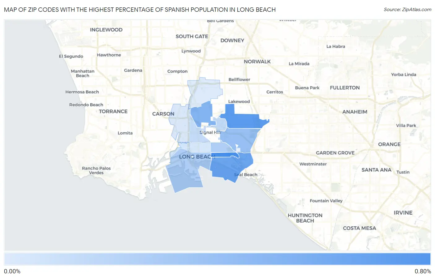 Zip Codes with the Highest Percentage of Spanish Population in Long Beach Map