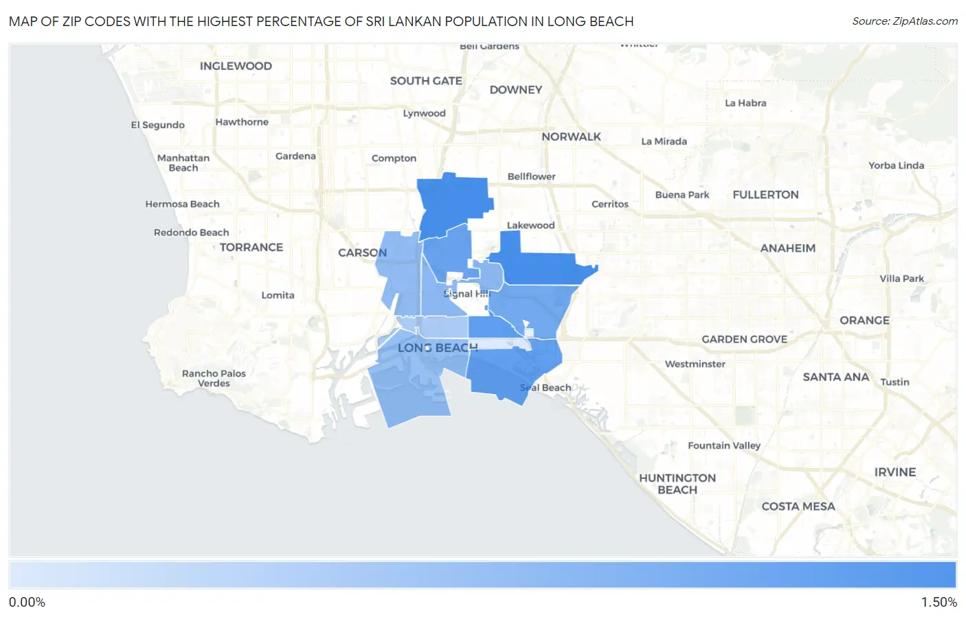 Zip Codes with the Highest Percentage of Sri Lankan Population in Long Beach Map