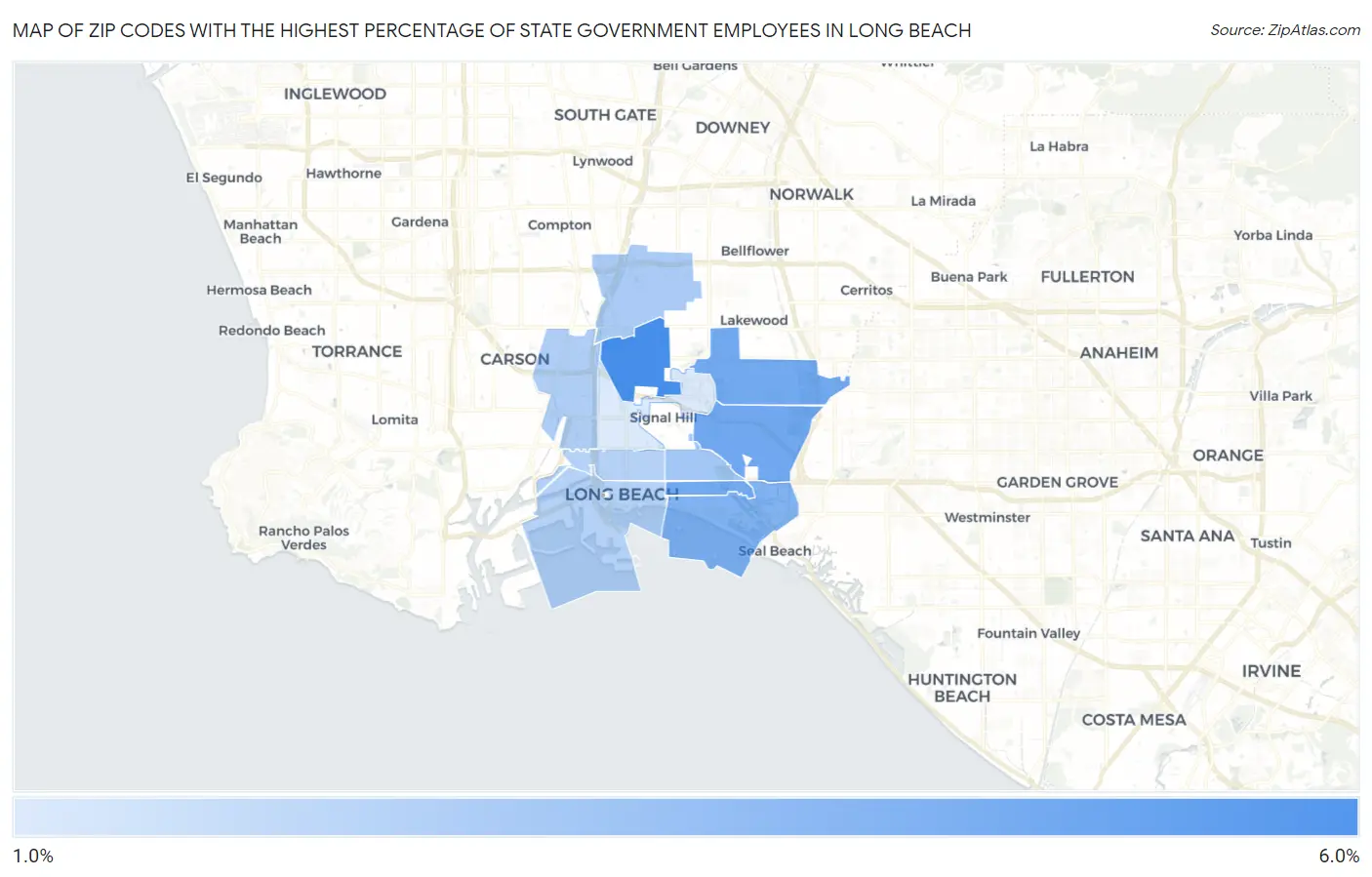 Zip Codes with the Highest Percentage of State Government Employees in Long Beach Map