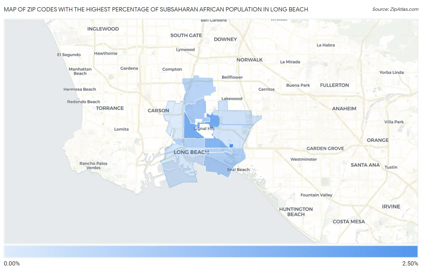 Zip Codes with the Highest Percentage of Subsaharan African Population in Long Beach Map