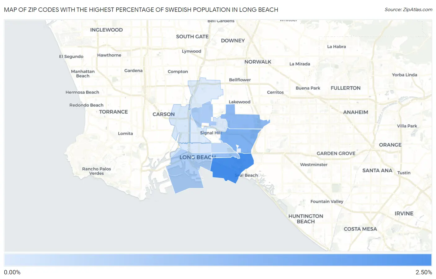 Zip Codes with the Highest Percentage of Swedish Population in Long Beach Map