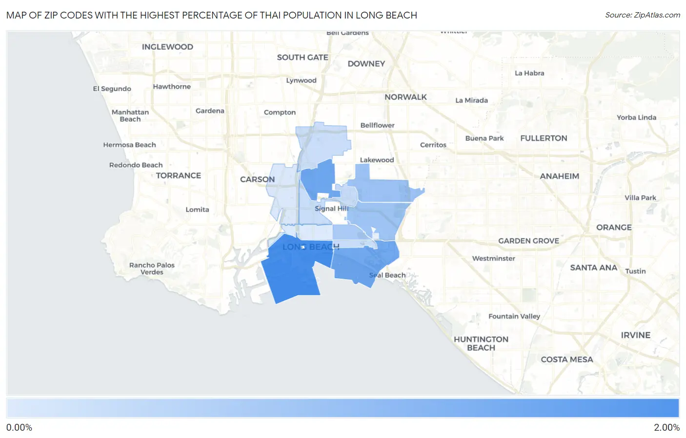 Zip Codes with the Highest Percentage of Thai Population in Long Beach Map