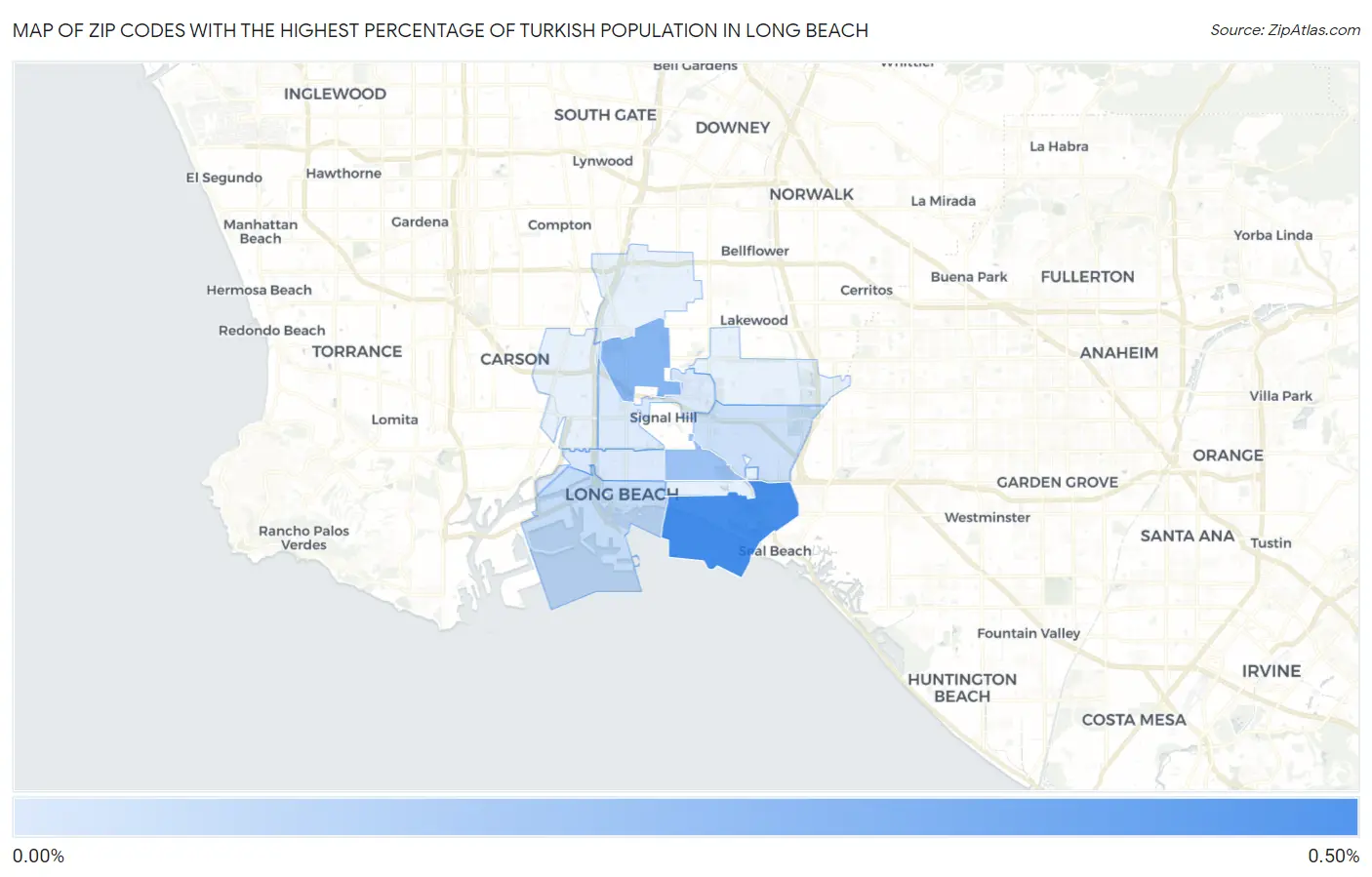 Zip Codes with the Highest Percentage of Turkish Population in Long Beach Map