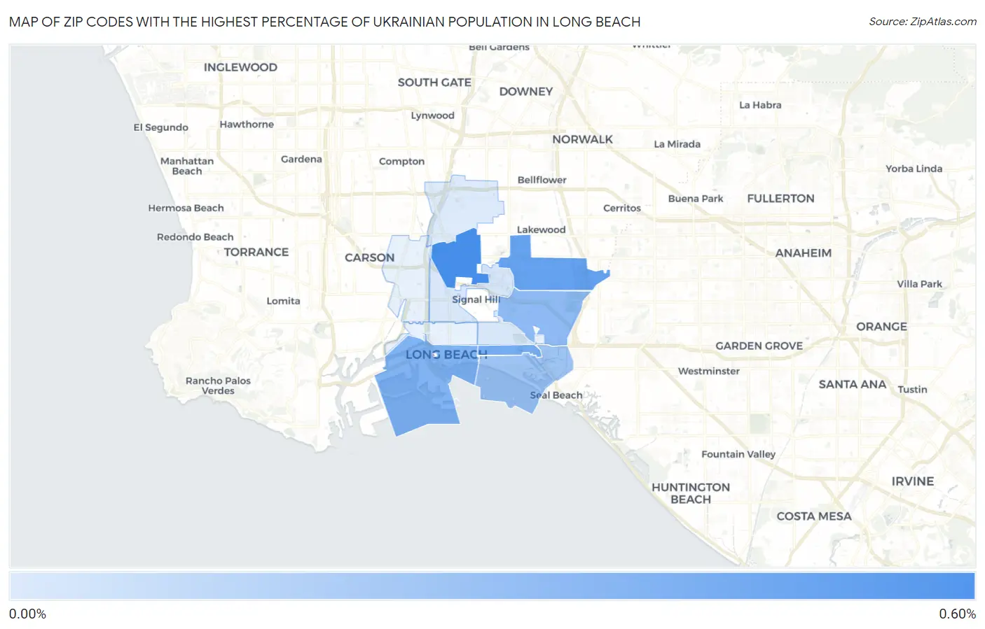 Zip Codes with the Highest Percentage of Ukrainian Population in Long Beach Map