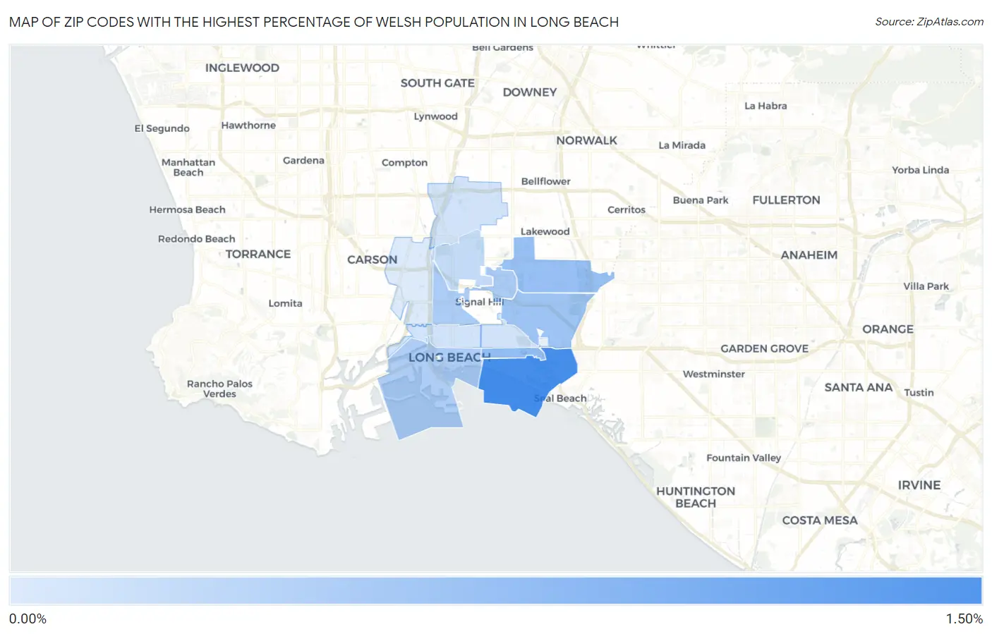 Zip Codes with the Highest Percentage of Welsh Population in Long Beach Map
