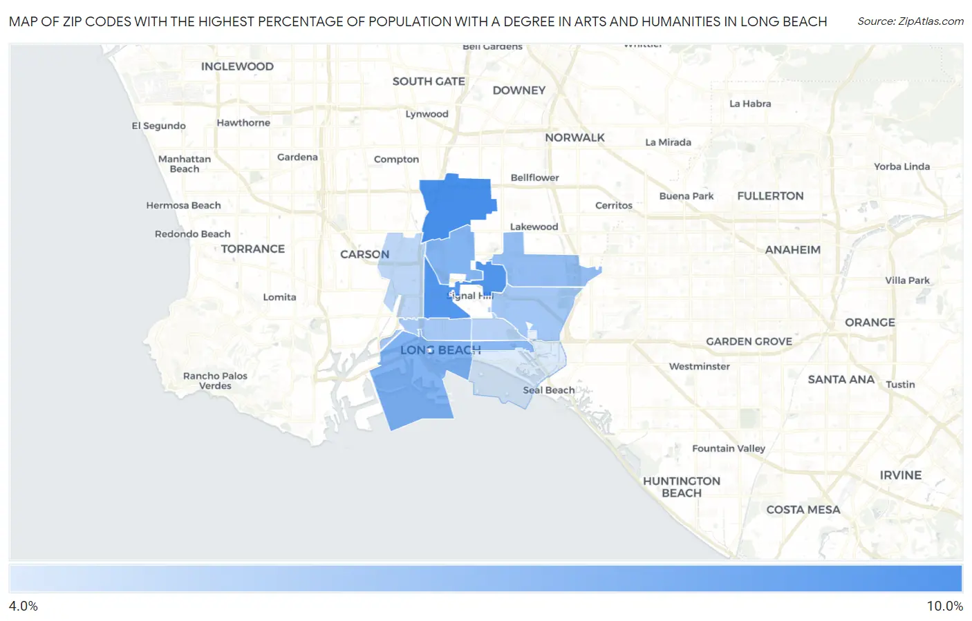 Zip Codes with the Highest Percentage of Population with a Degree in Arts and Humanities in Long Beach Map