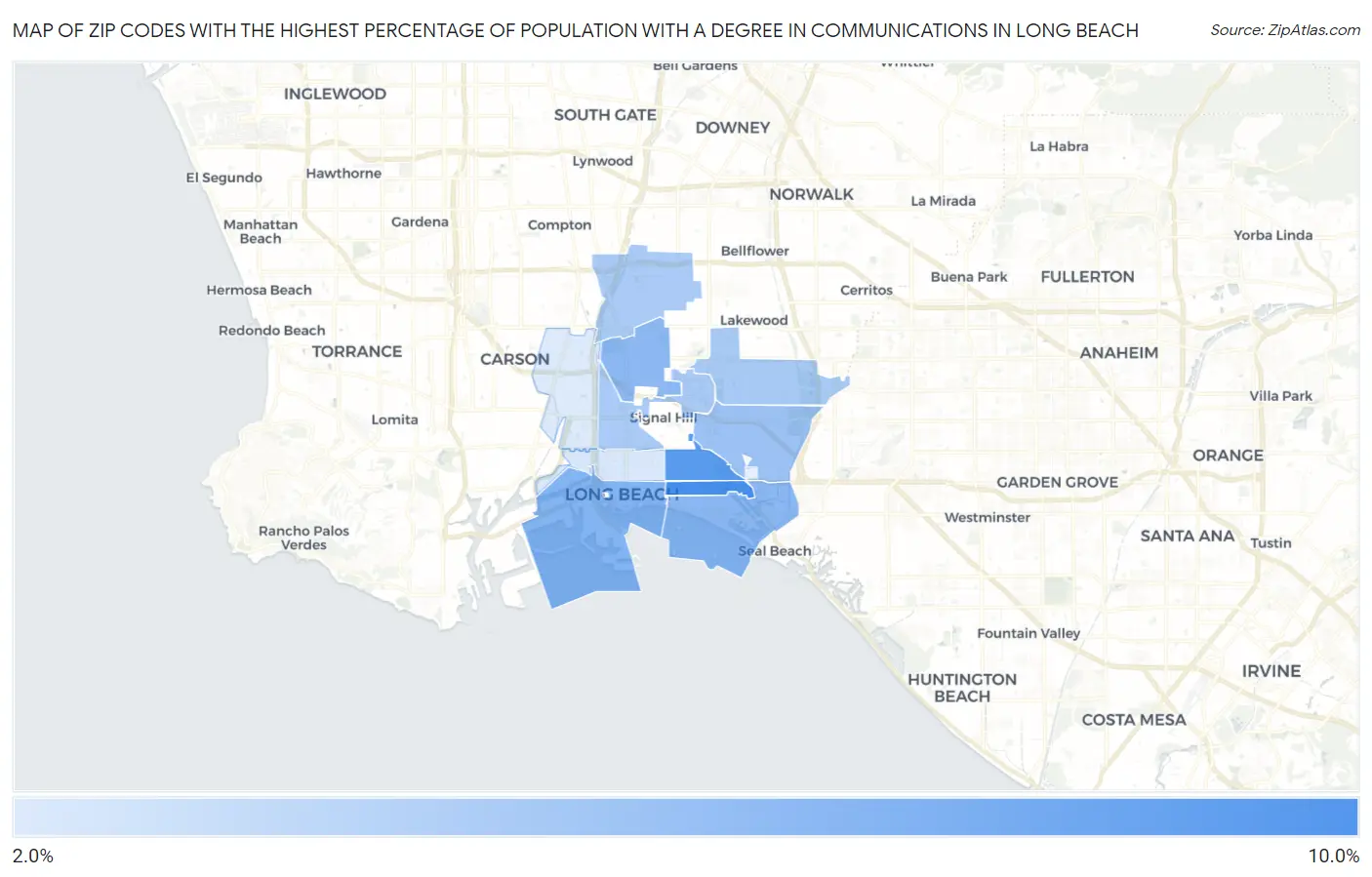 Zip Codes with the Highest Percentage of Population with a Degree in Communications in Long Beach Map