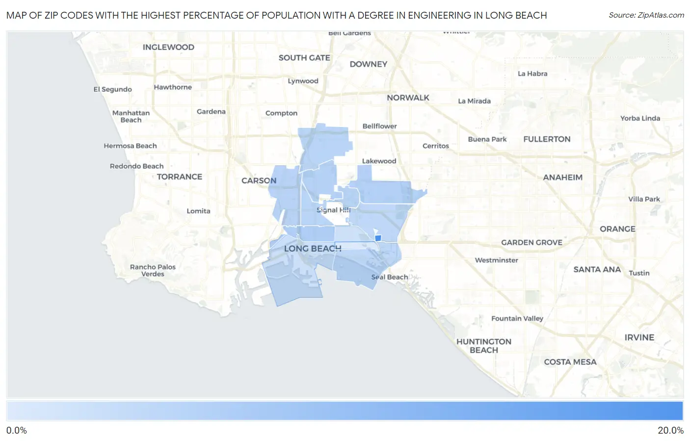 Zip Codes with the Highest Percentage of Population with a Degree in Engineering in Long Beach Map