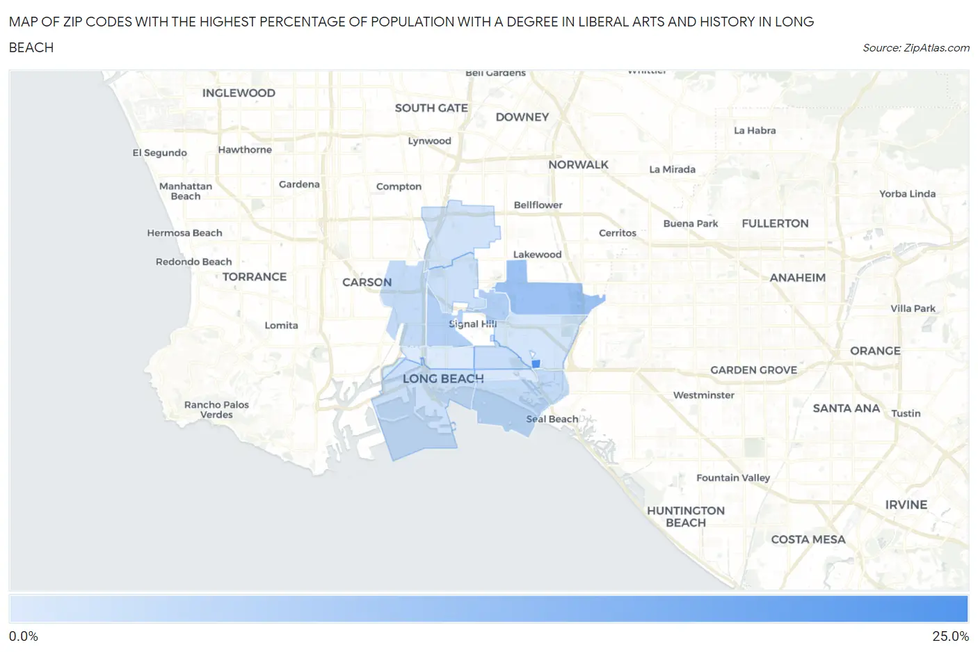 Zip Codes with the Highest Percentage of Population with a Degree in Liberal Arts and History in Long Beach Map
