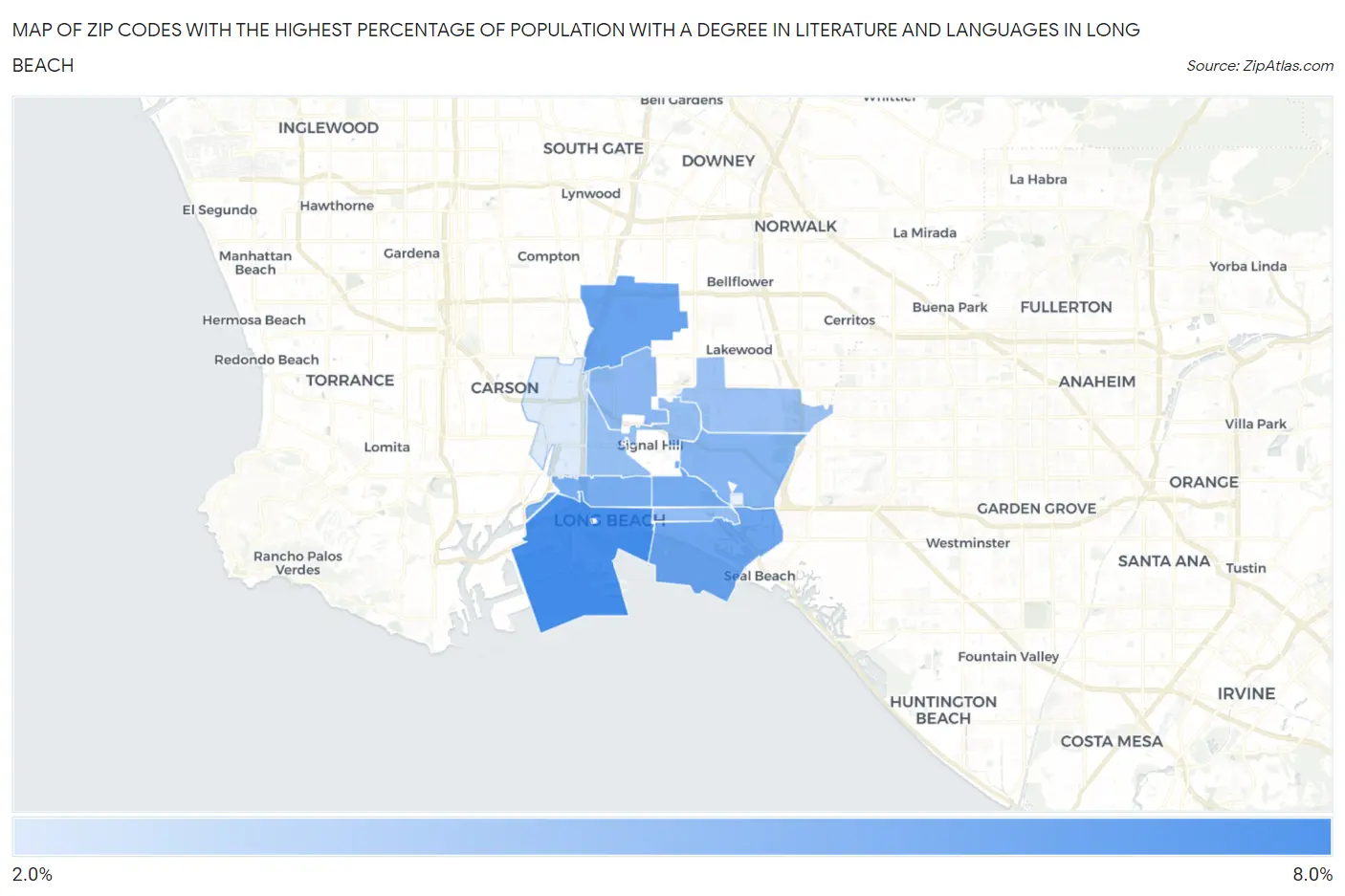 Zip Codes with the Highest Percentage of Population with a Degree in Literature and Languages in Long Beach Map