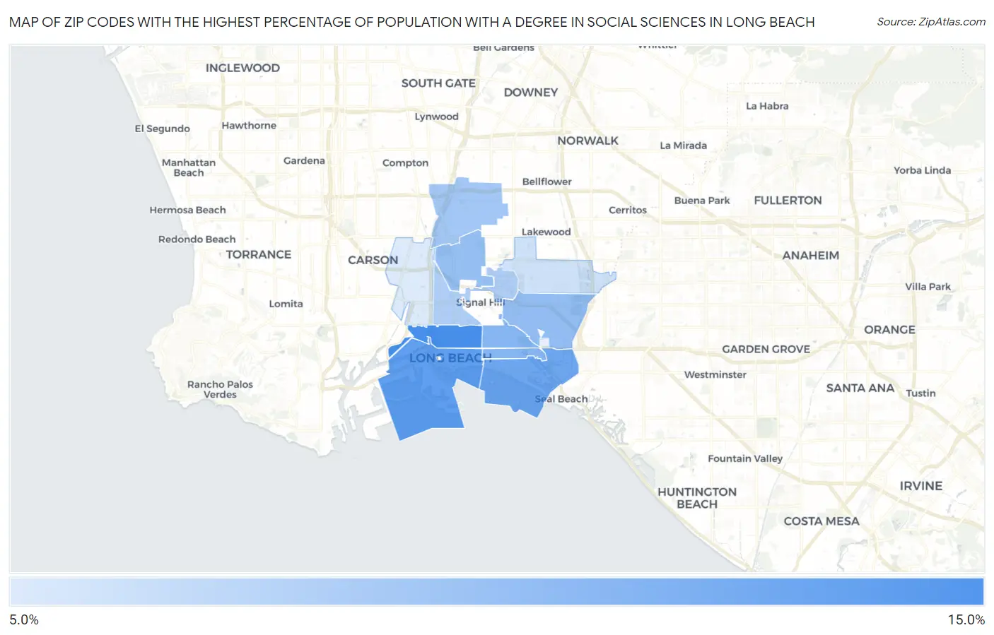 Zip Codes with the Highest Percentage of Population with a Degree in Social Sciences in Long Beach Map