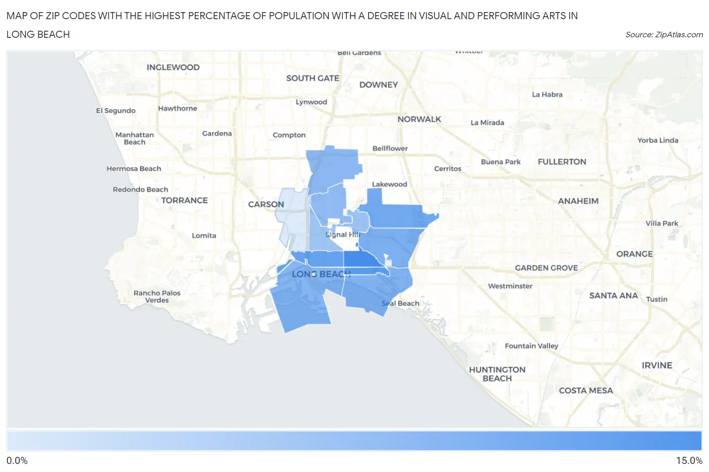 Zip Codes with the Highest Percentage of Population with a Degree in Visual and Performing Arts in Long Beach Map