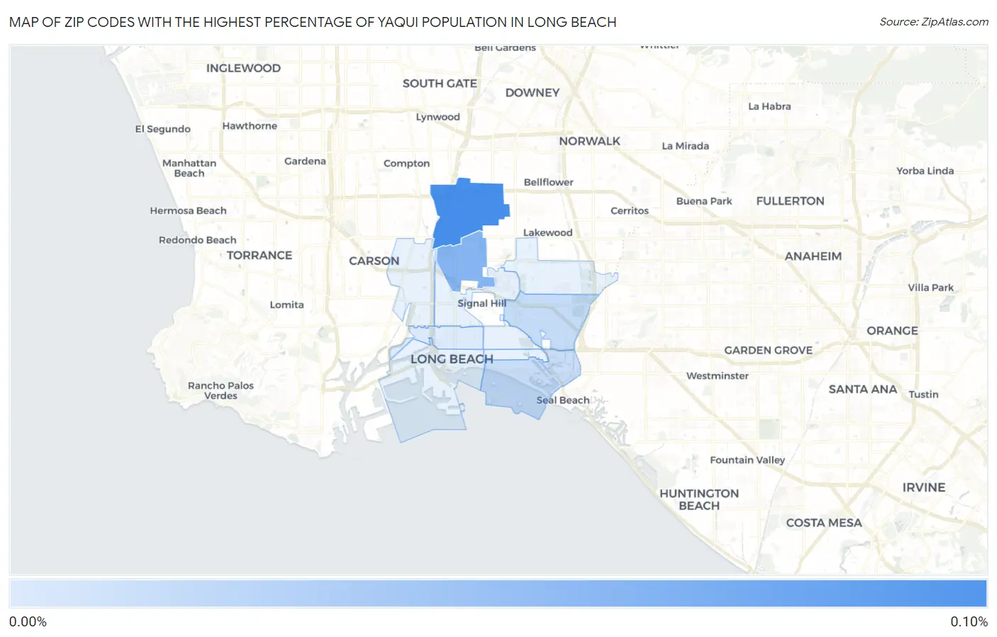 Zip Codes with the Highest Percentage of Yaqui Population in Long Beach Map