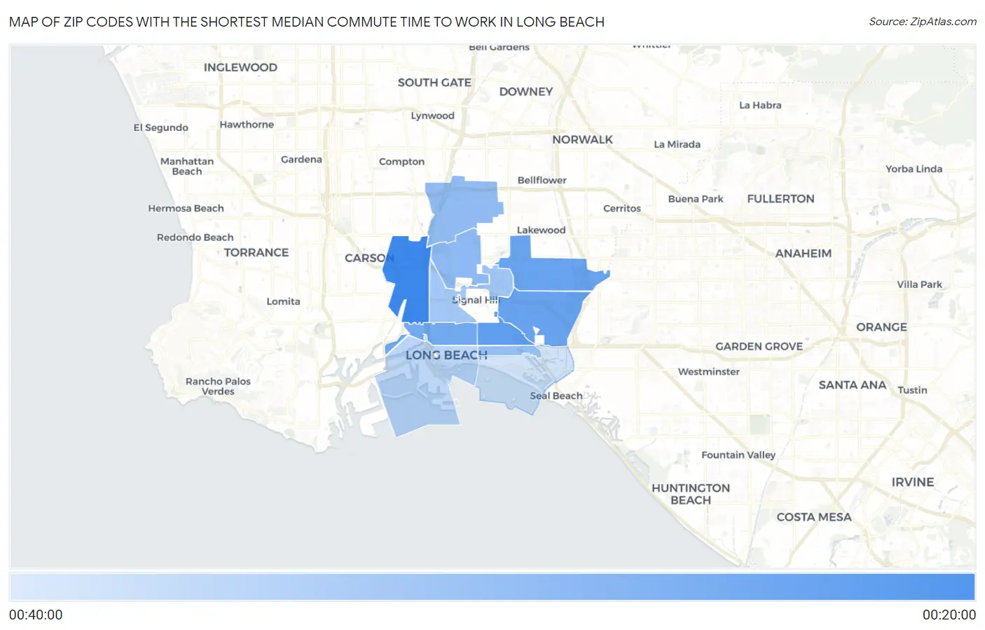Zip Codes with the Shortest Median Commute Time to Work in Long Beach Map