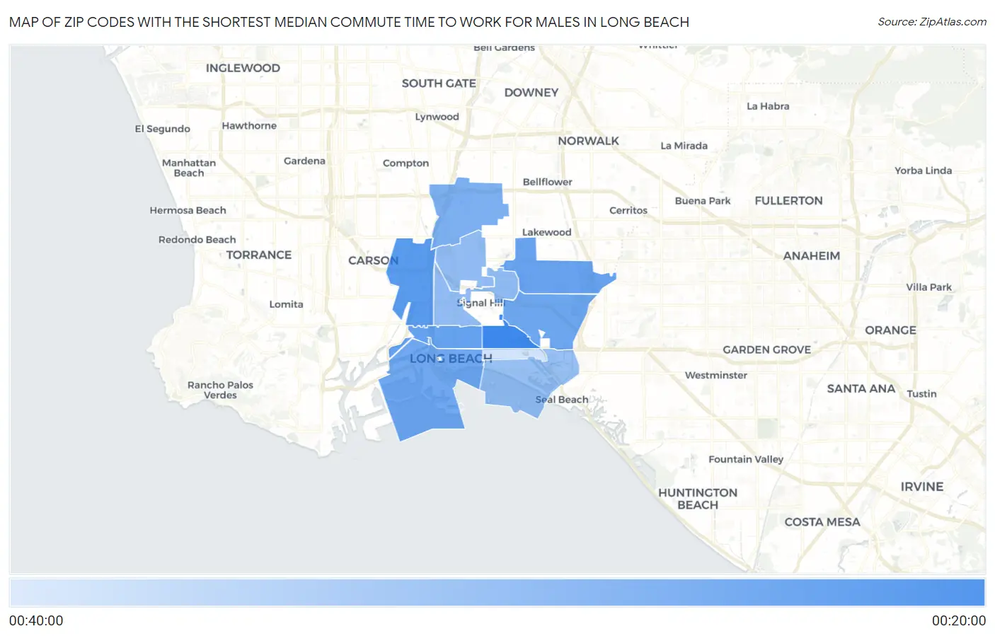 Zip Codes with the Shortest Median Commute Time to Work for Males in Long Beach Map