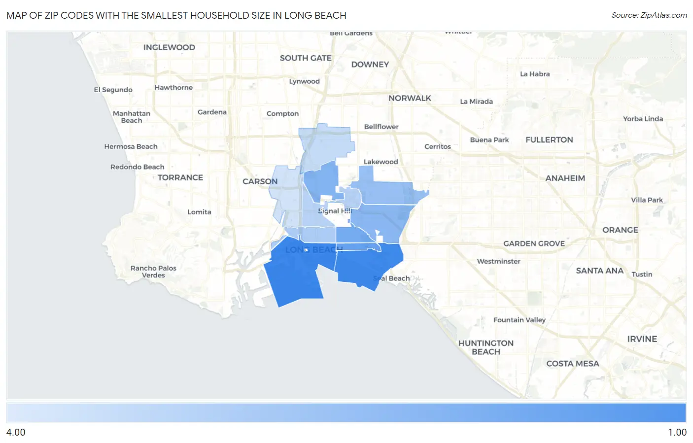 Zip Codes with the Smallest Household Size in Long Beach Map