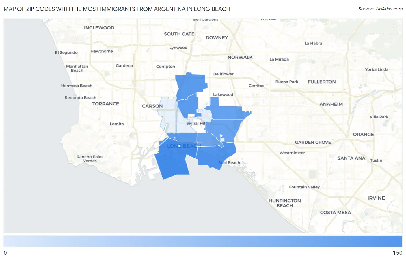 Zip Codes with the Most Immigrants from Argentina in Long Beach Map