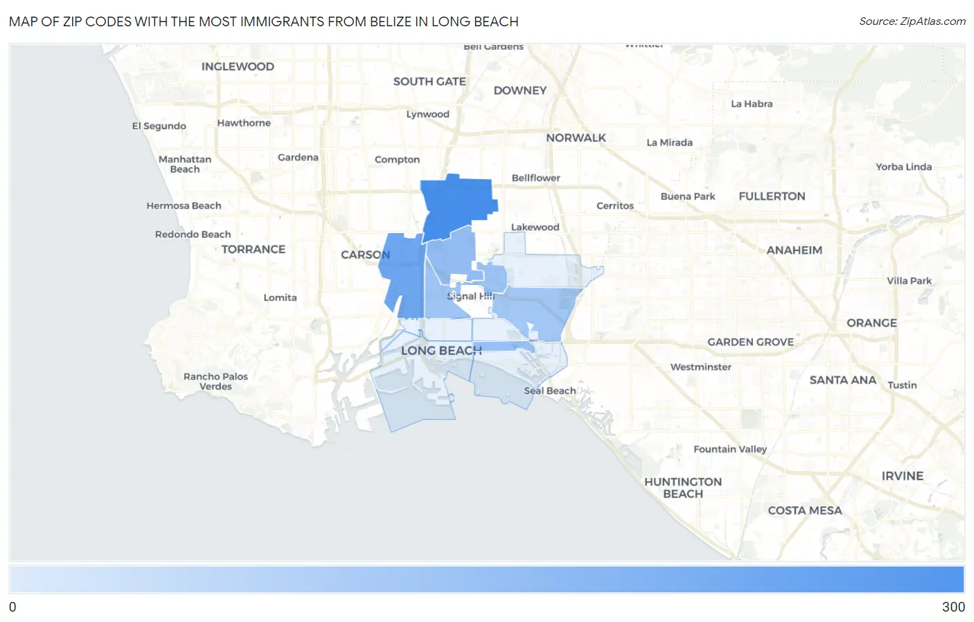 Zip Codes with the Most Immigrants from Belize in Long Beach Map