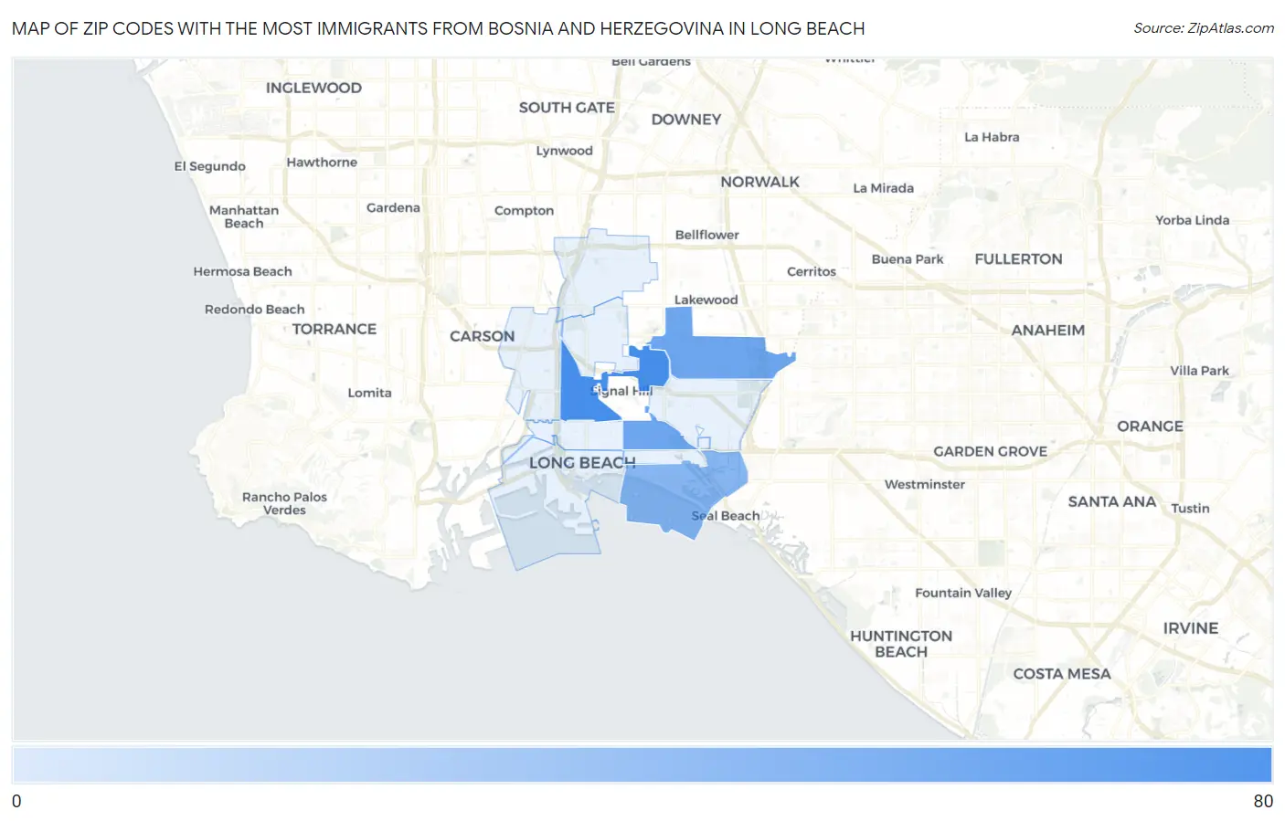 Zip Codes with the Most Immigrants from Bosnia and Herzegovina in Long Beach Map