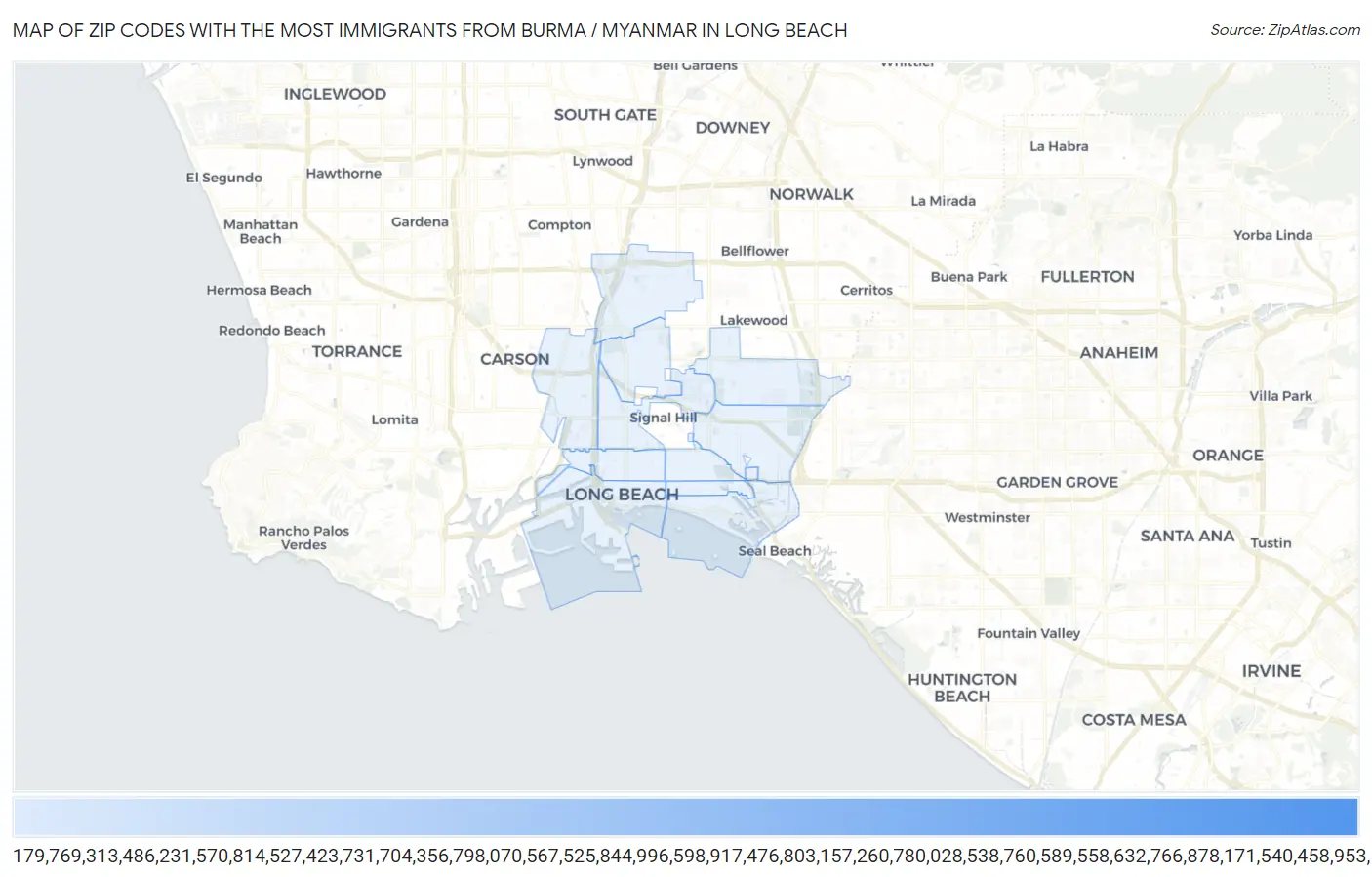 Zip Codes with the Most Immigrants from Burma / Myanmar in Long Beach Map