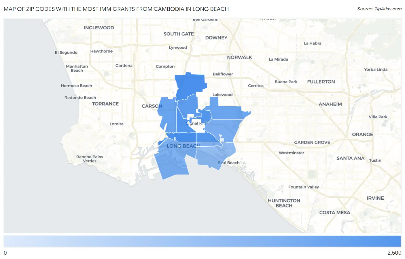 Zip Codes with the Most Immigrants from Cambodia in Long Beach Map