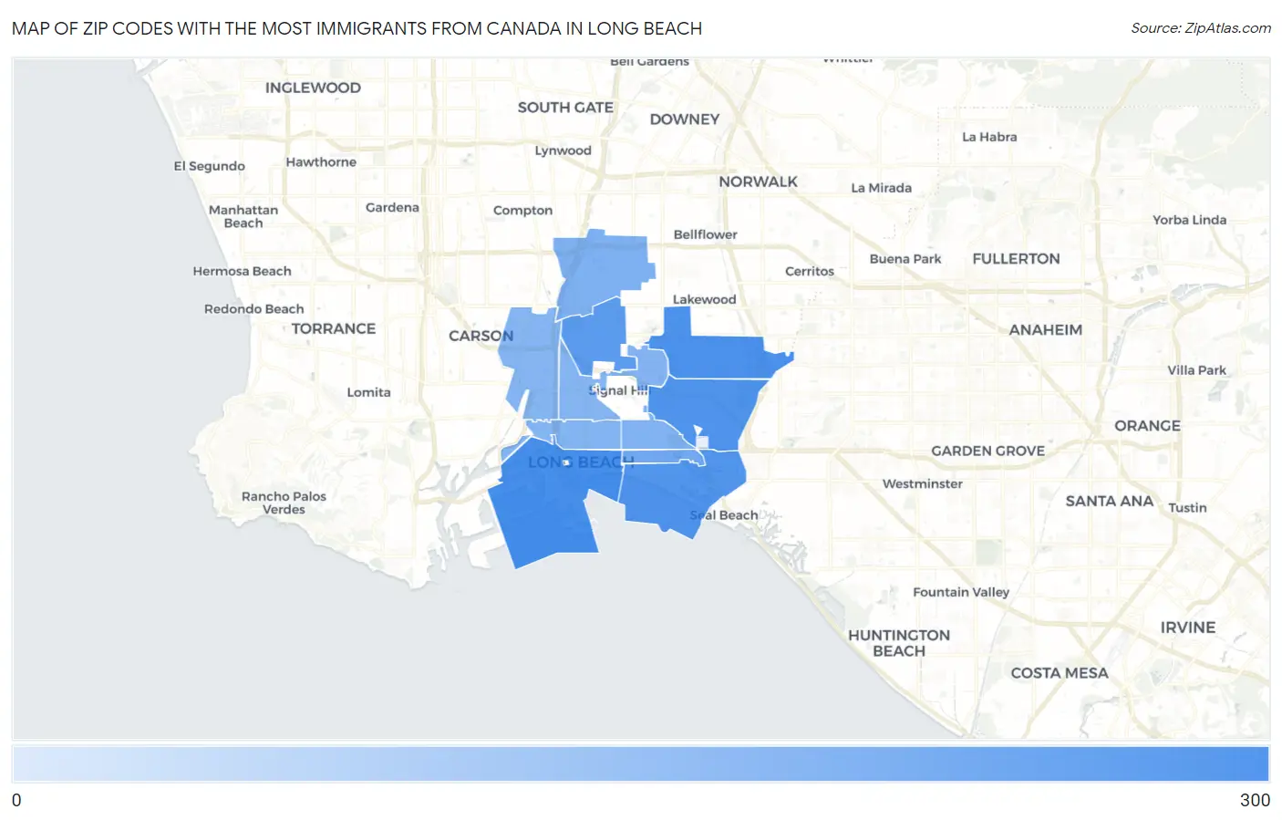 Zip Codes with the Most Immigrants from Canada in Long Beach Map