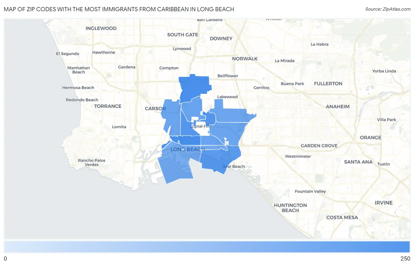 Zip Codes with the Most Immigrants from Caribbean in Long Beach Map
