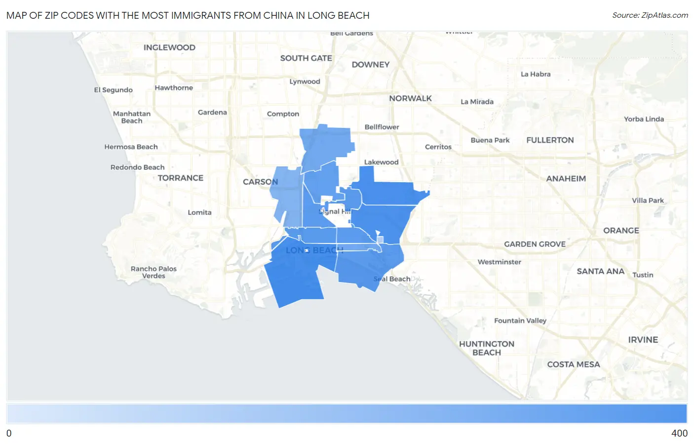 Zip Codes with the Most Immigrants from China in Long Beach Map