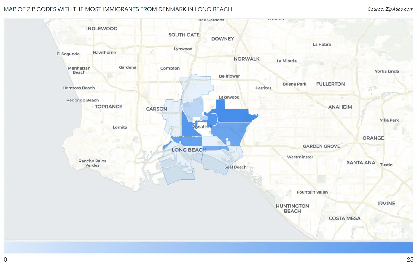 Zip Codes with the Most Immigrants from Denmark in Long Beach Map