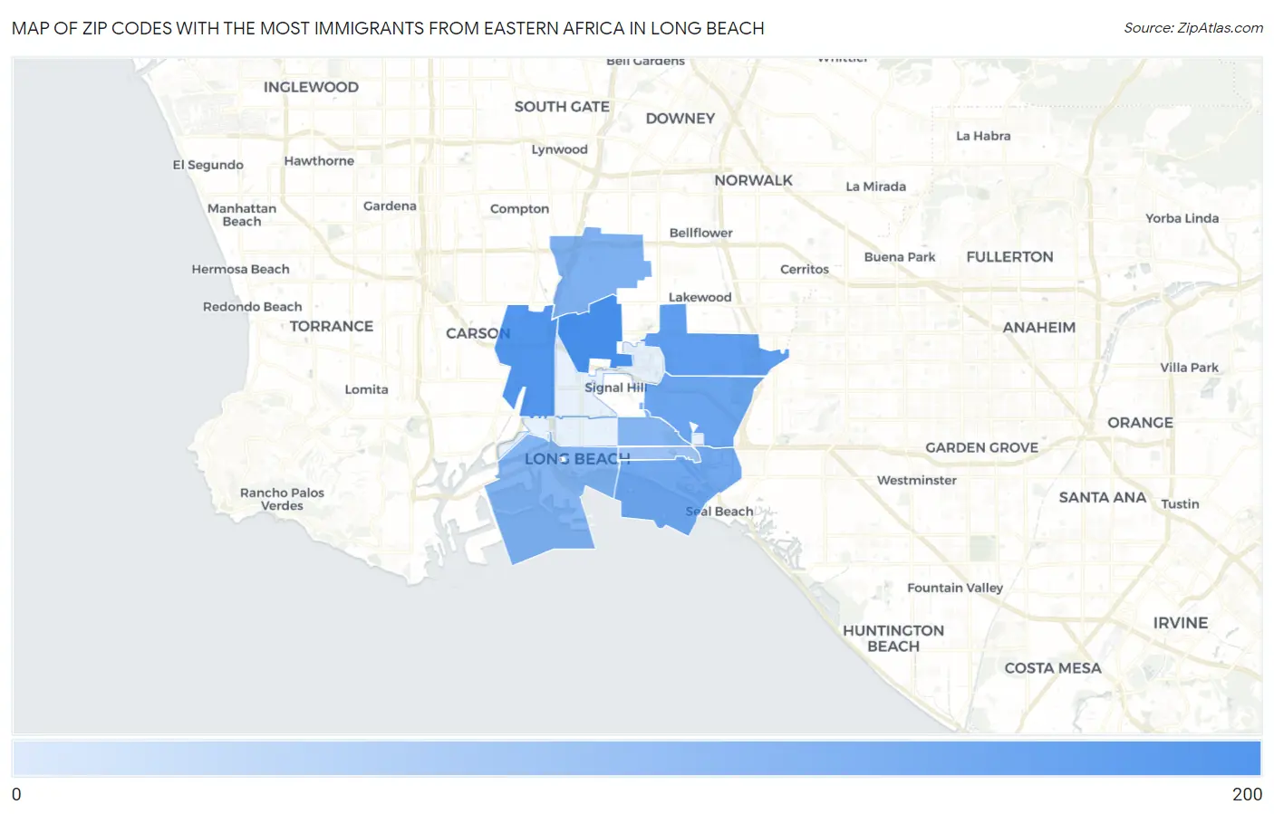 Zip Codes with the Most Immigrants from Eastern Africa in Long Beach Map