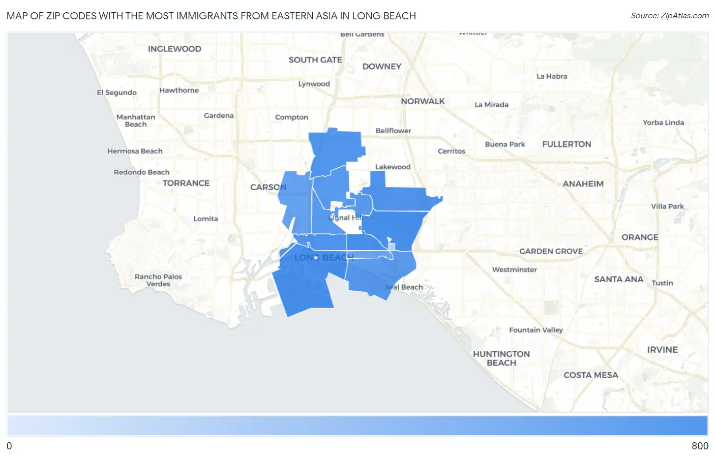 Zip Codes with the Most Immigrants from Eastern Asia in Long Beach Map