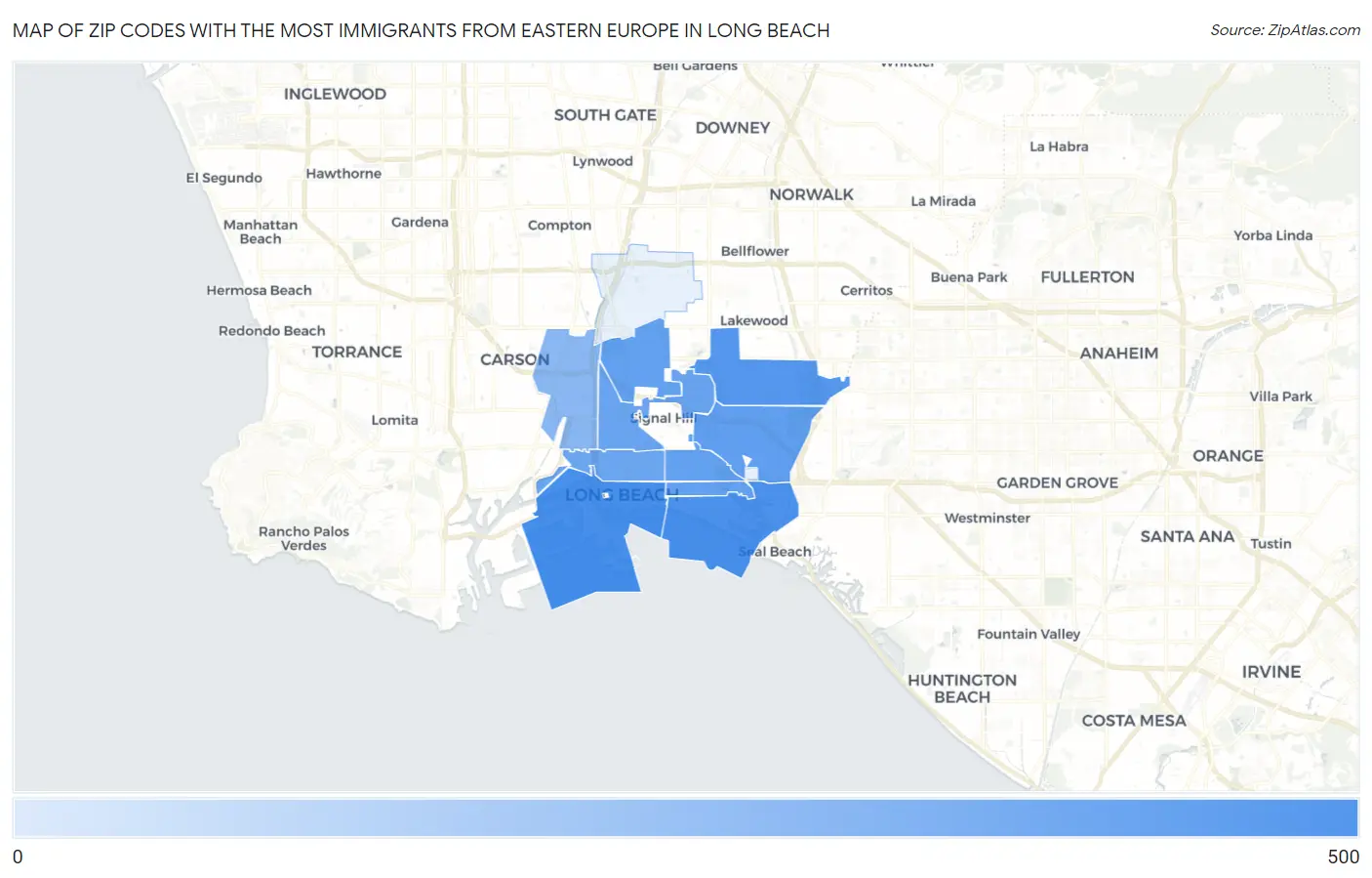 Zip Codes with the Most Immigrants from Eastern Europe in Long Beach Map