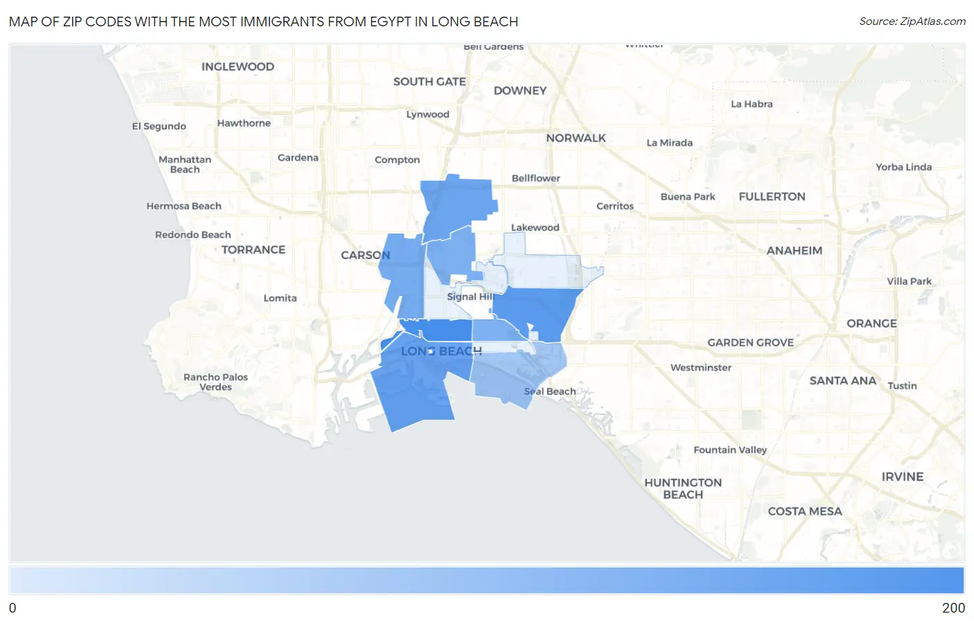 Zip Codes with the Most Immigrants from Egypt in Long Beach Map