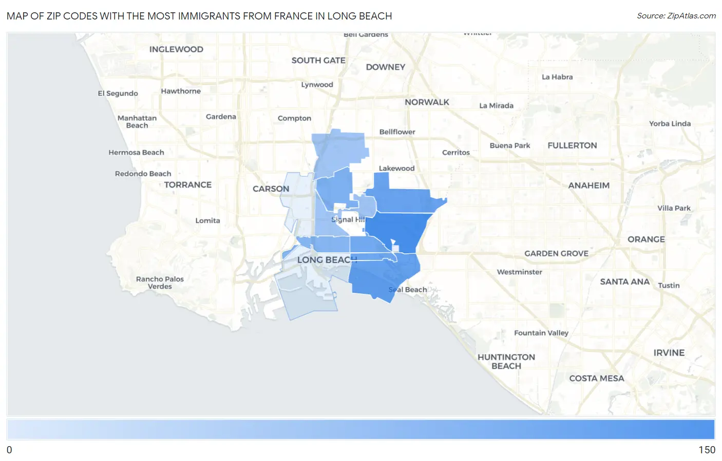Zip Codes with the Most Immigrants from France in Long Beach Map