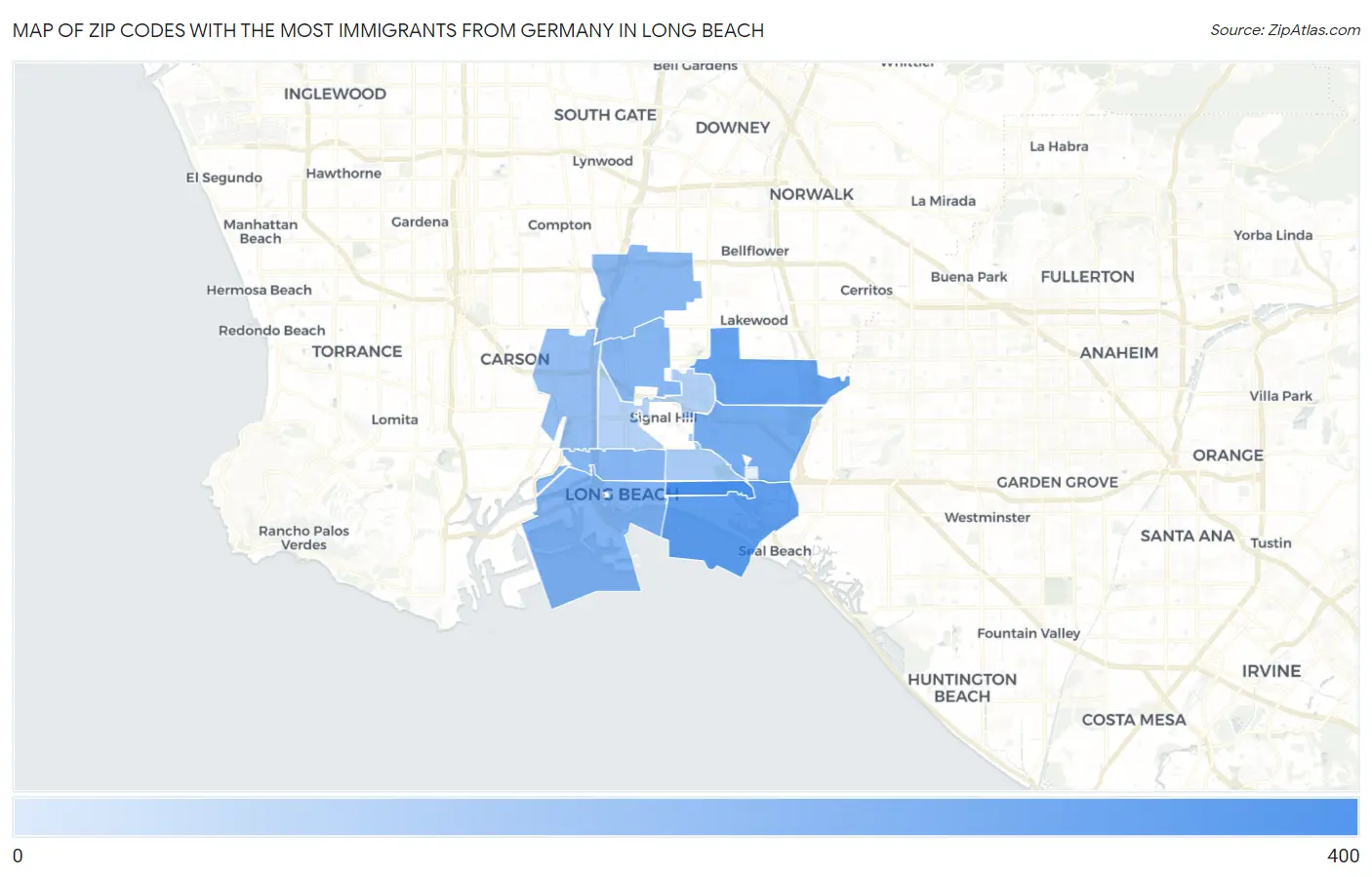 Zip Codes with the Most Immigrants from Germany in Long Beach Map