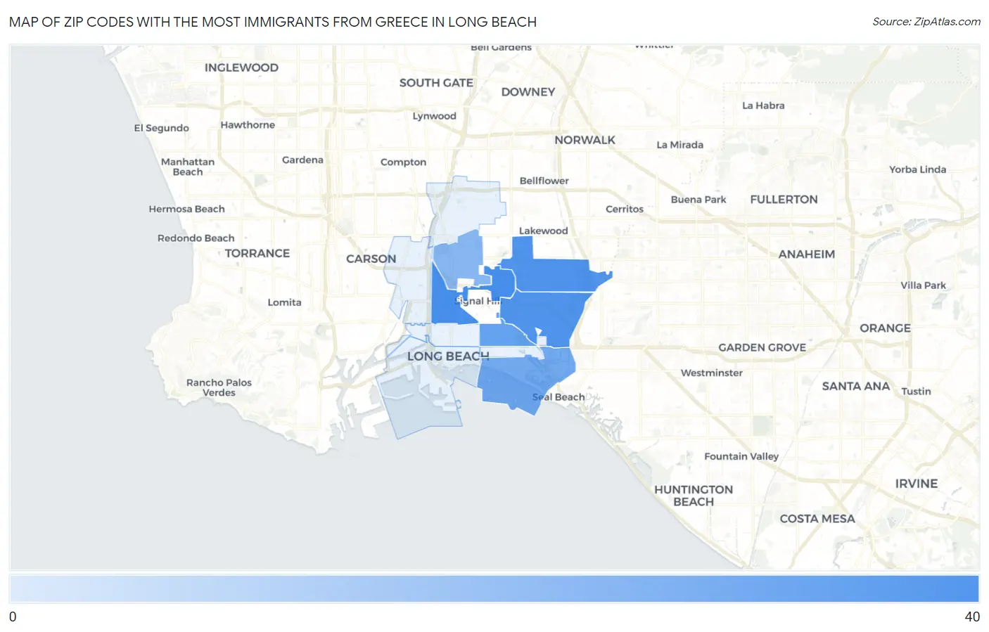 Zip Codes with the Most Immigrants from Greece in Long Beach Map