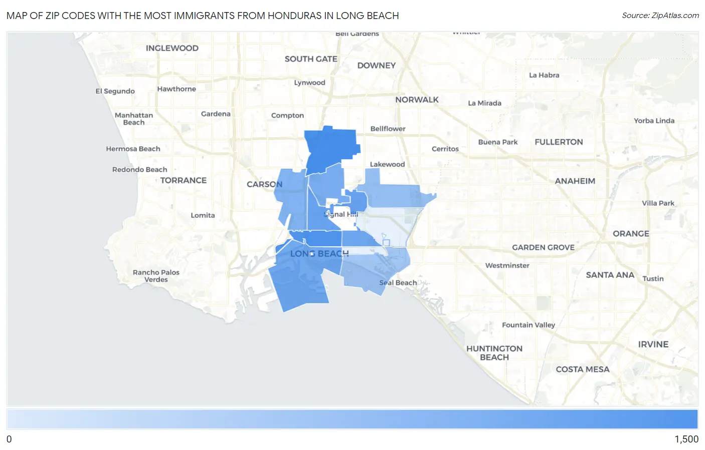 Zip Codes with the Most Immigrants from Honduras in Long Beach Map