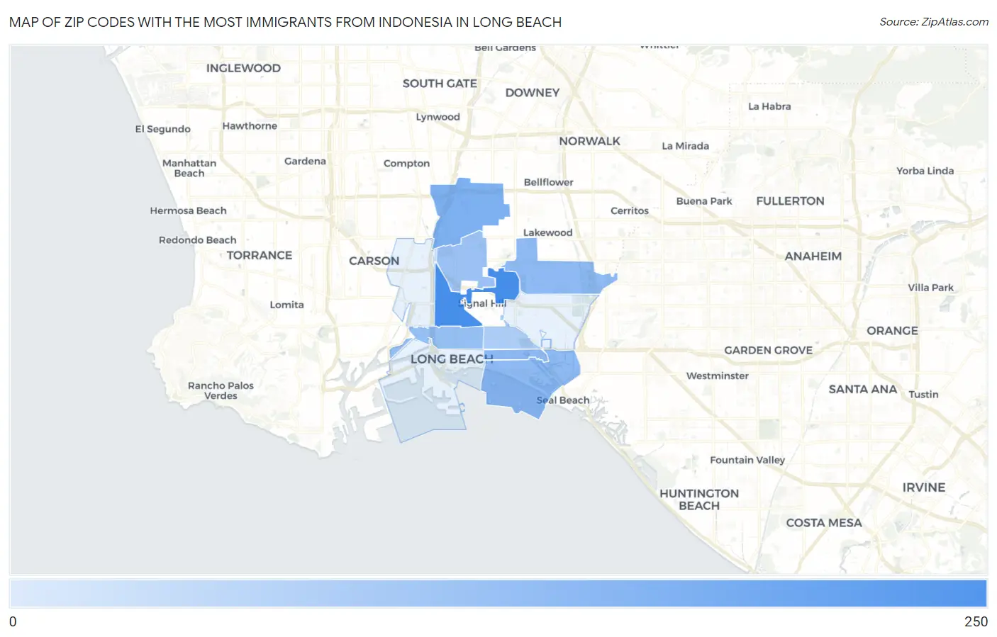 Zip Codes with the Most Immigrants from Indonesia in Long Beach Map