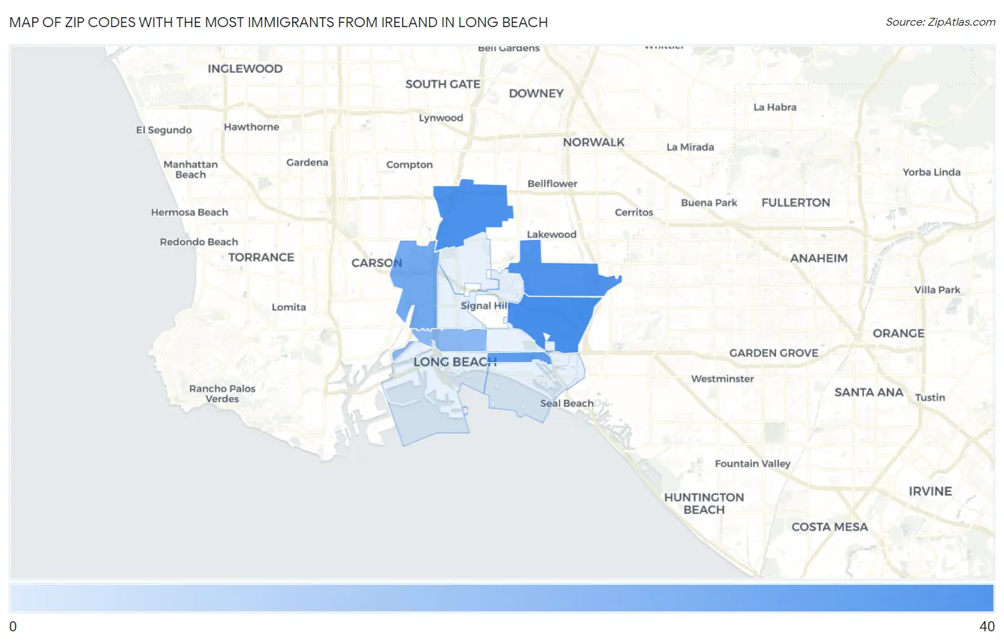 Zip Codes with the Most Immigrants from Ireland in Long Beach Map