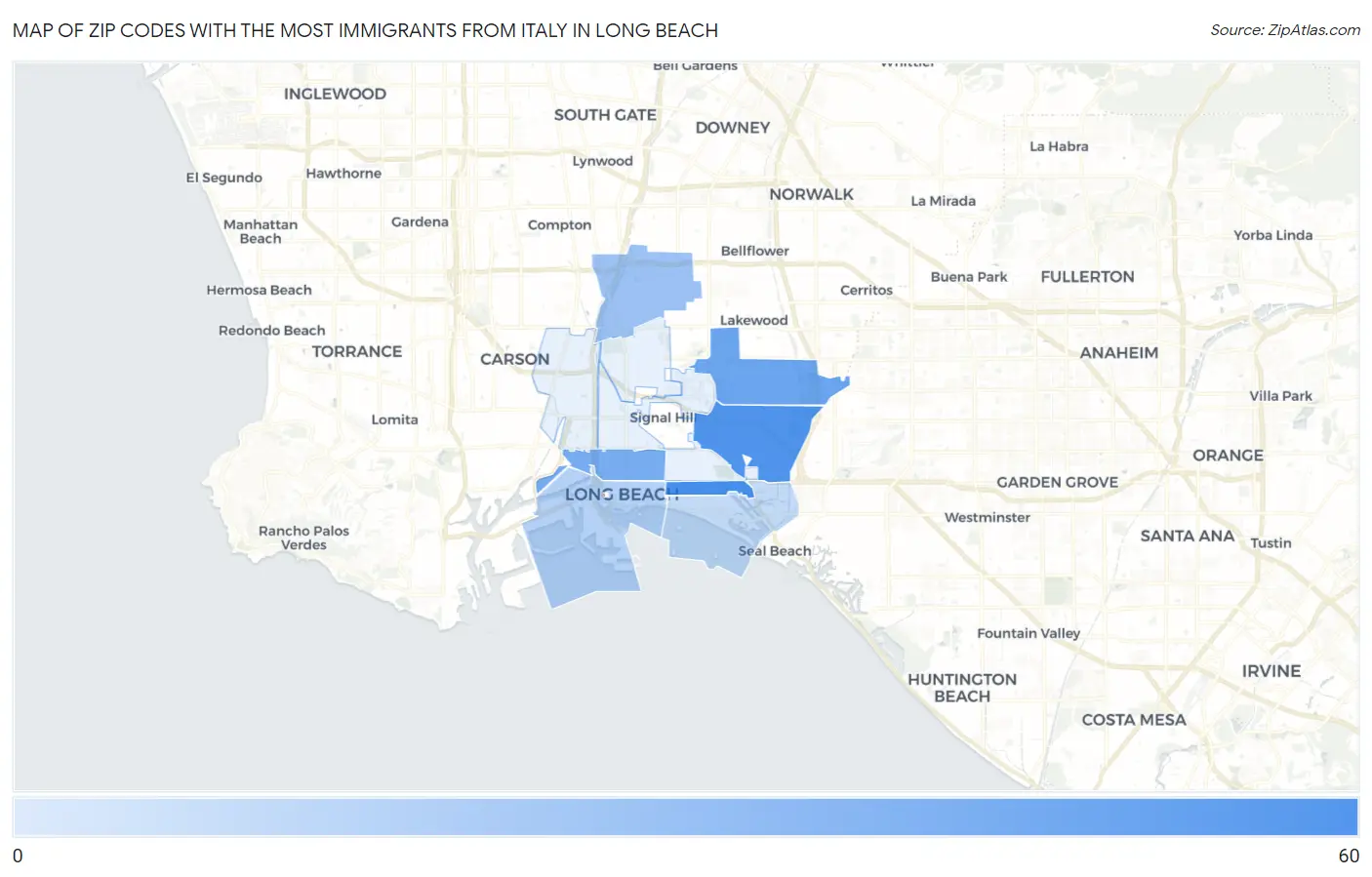 Zip Codes with the Most Immigrants from Italy in Long Beach Map