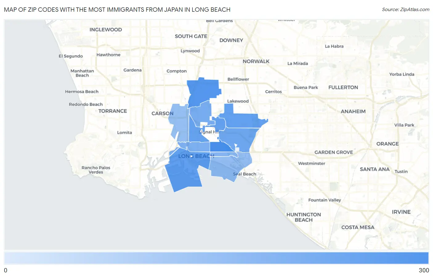 Zip Codes with the Most Immigrants from Japan in Long Beach Map