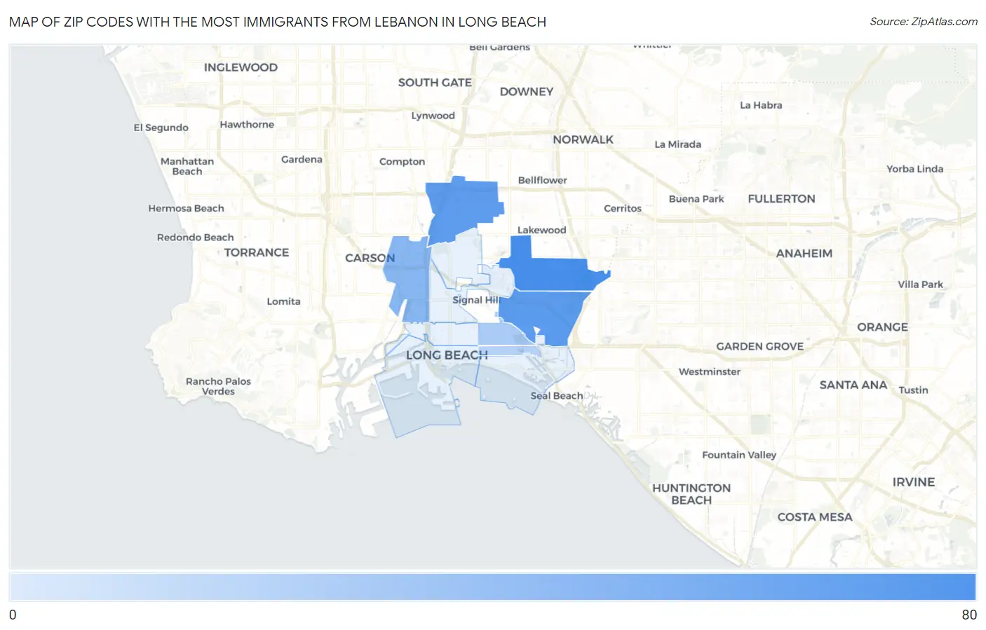 Zip Codes with the Most Immigrants from Lebanon in Long Beach Map