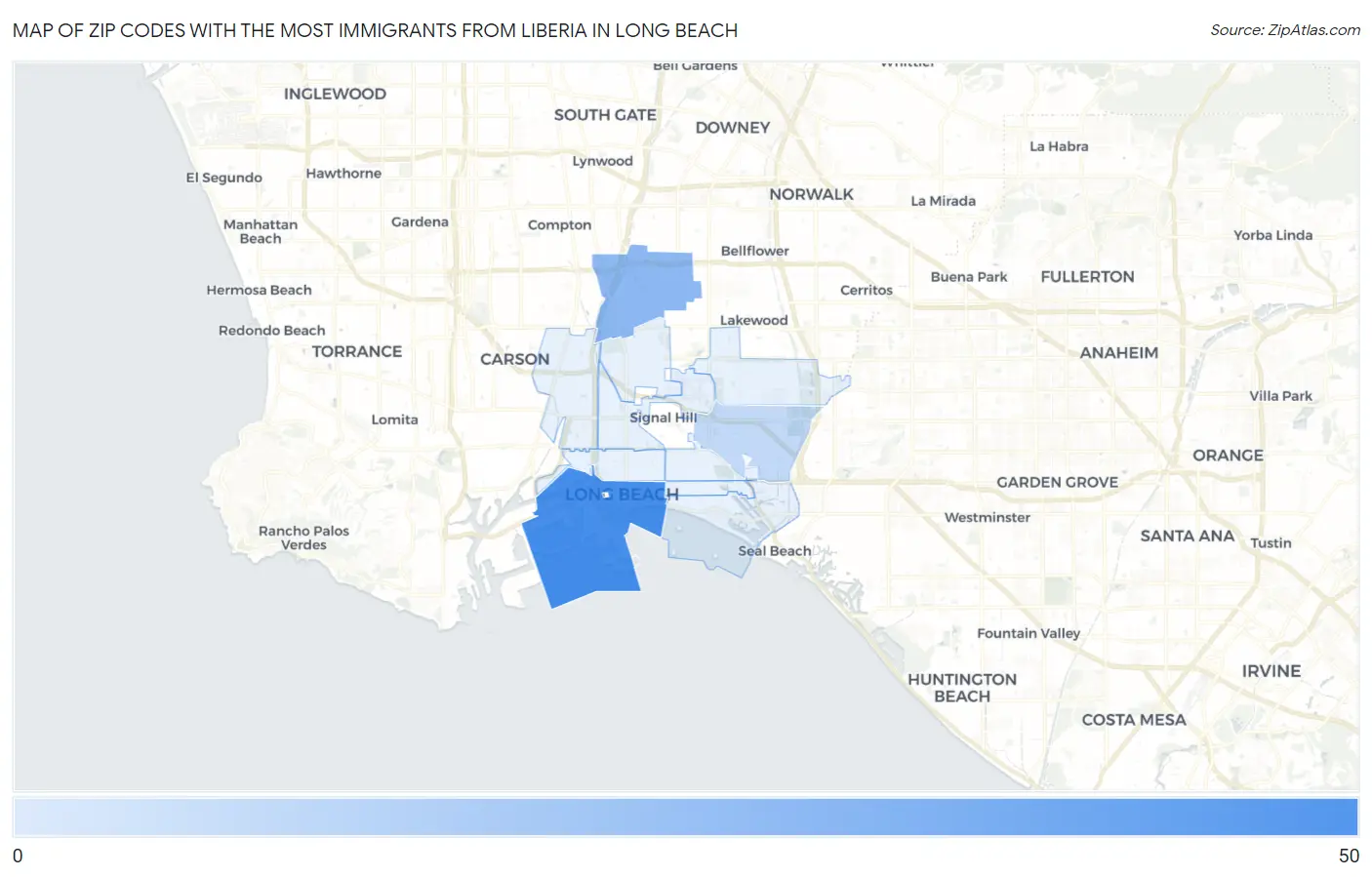 Zip Codes with the Most Immigrants from Liberia in Long Beach Map
